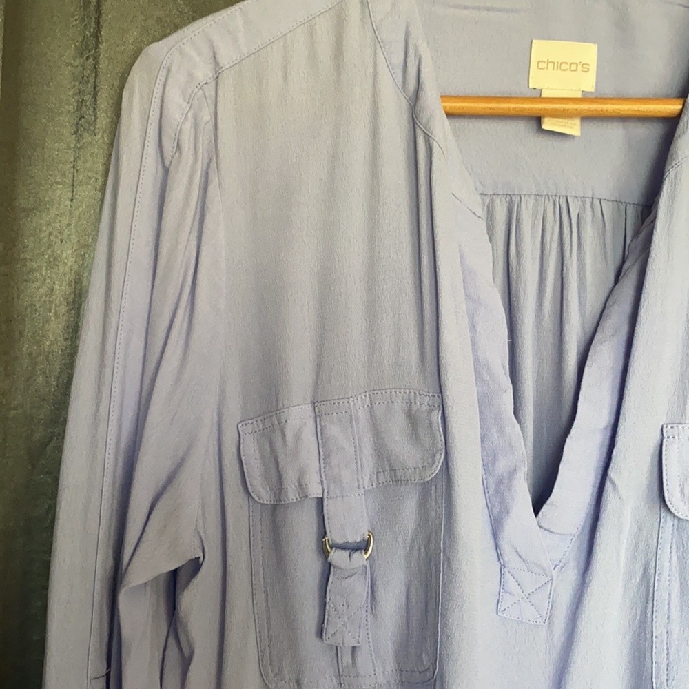 Chico’s Lavender Purple Roll Tab Sleeves SZ 2 12 L